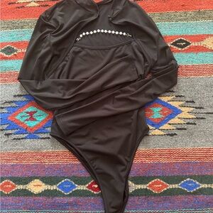 Black Long Sleeve Bodysuit with Pearl Detail